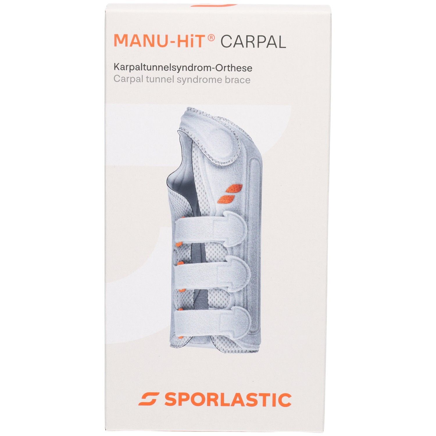SPORLASTIC MANU-HIT CARPAL Orthese, weiß, mit Klettverschlüssen und orangefarbenen Akzenten.