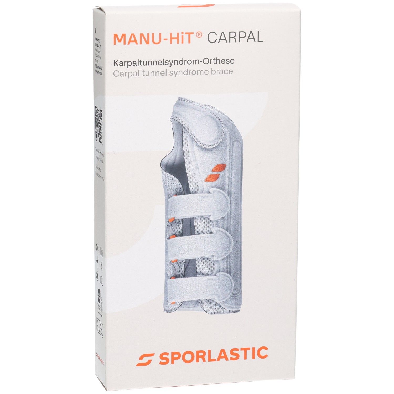 Verpackung der SPORLASTIC MANU-HIT CARPAL Orthese mit CE- und MD-Zeichen sowie Größenangabe.