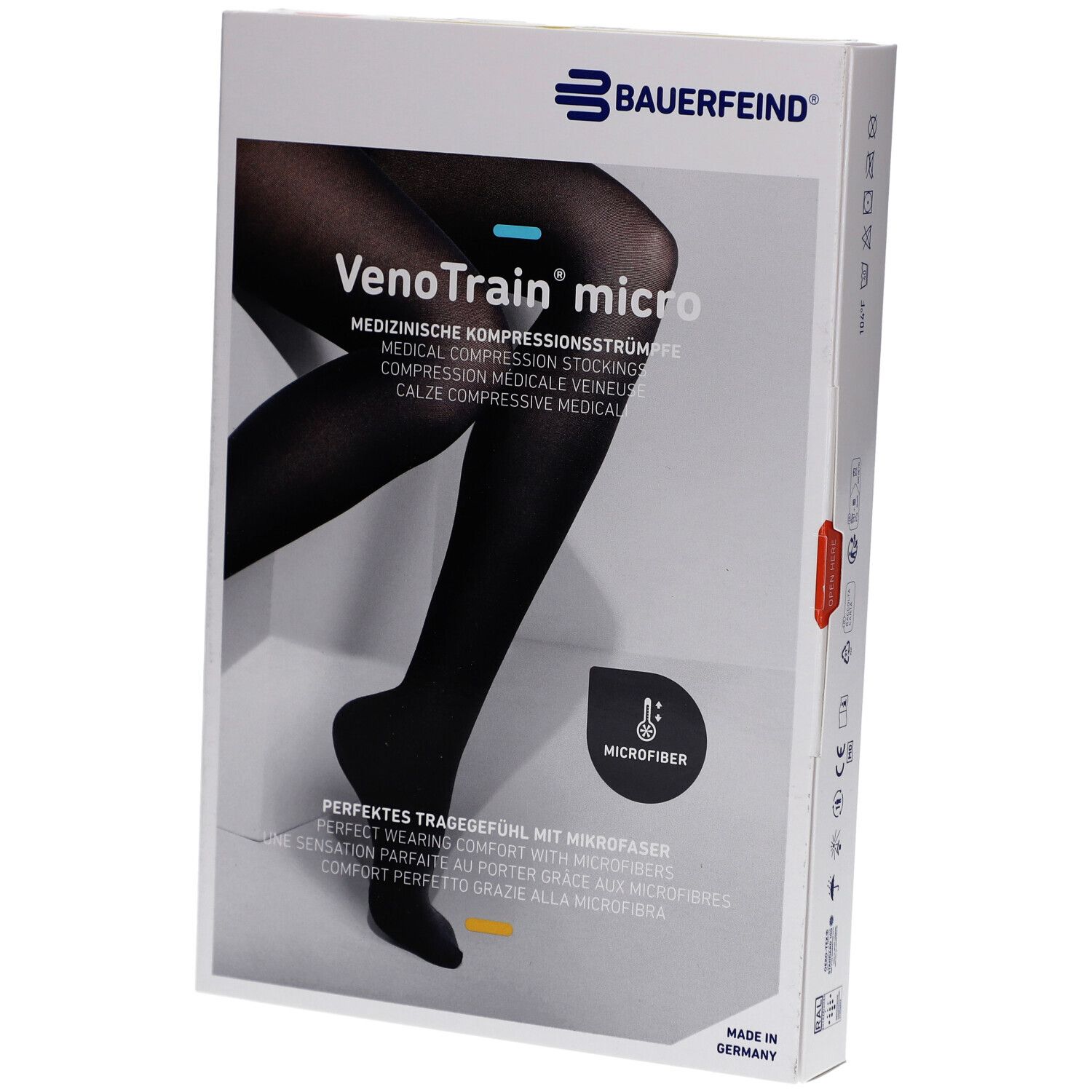 Verpackung mit Kompressionsstrümpfen. Marke Bauerfeind, Modell VenoTrain micro. Schwarze Strümpfe auf der Verpackung abgebildet.