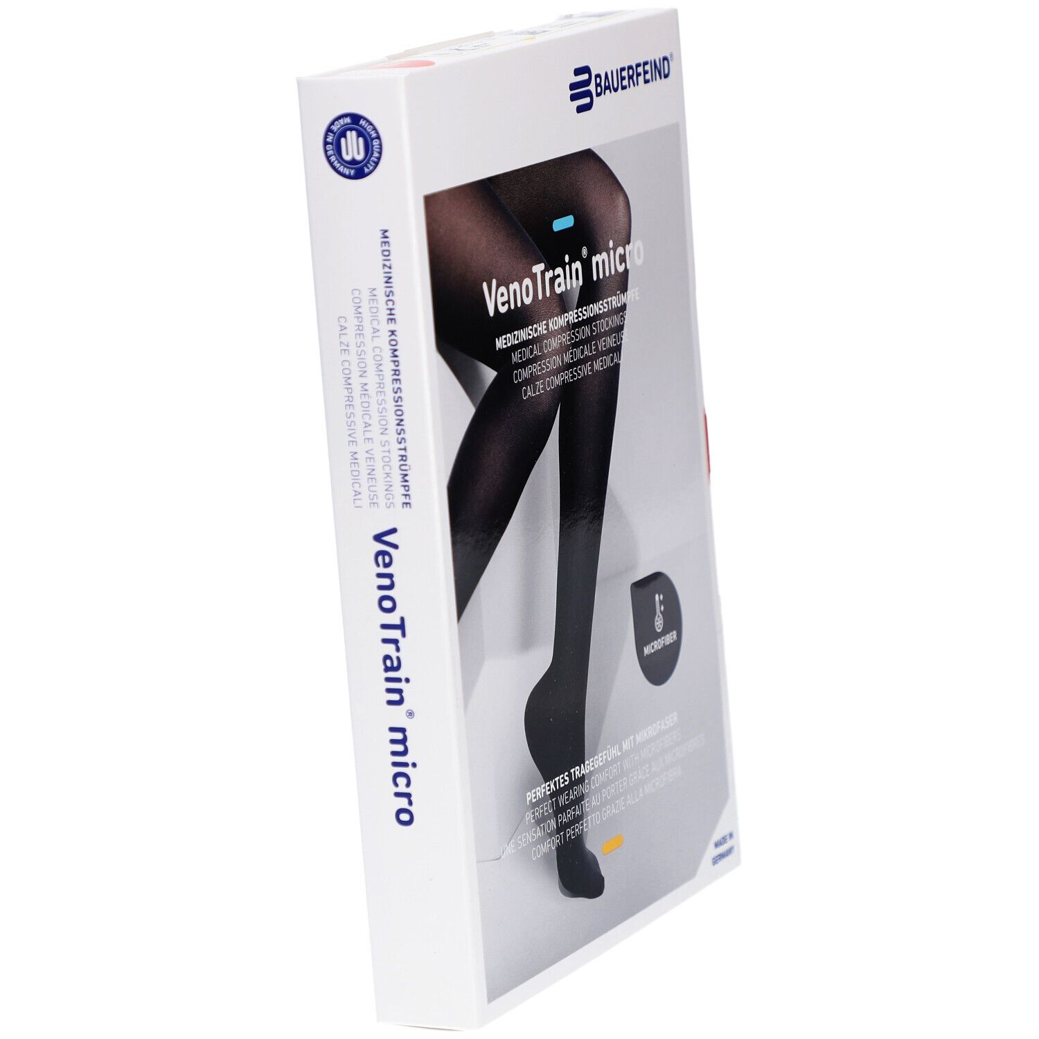 Verpackung mit Kompressionsstrümpfen. Marke Bauerfeind, Modell VenoTrain micro. Schwarze Strümpfe auf der Verpackung abgebildet.