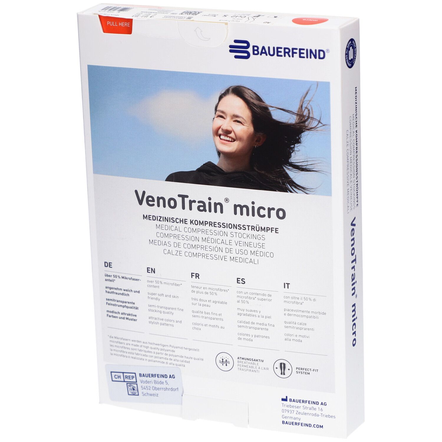 Rückseite der Verpackung mit Kompressionsstrümpfen. Marke Bauerfeind, Modell VenoTrain micro. Informationen in verschiedenen Sprachen.