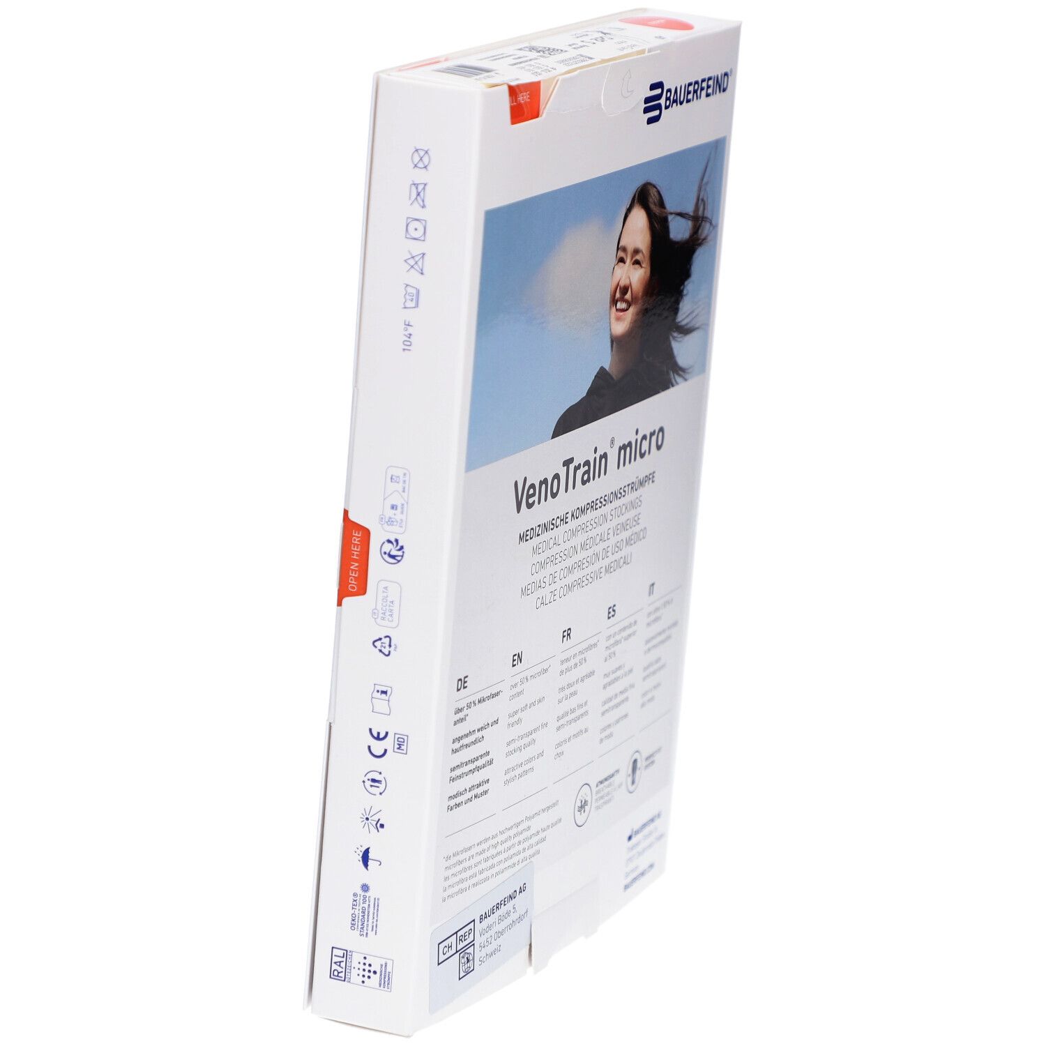 Verpackung mit Kompressionsstrümpfen. Marke Bauerfeind, Modell VenoTrain micro. Informationen und Symbole auf der Verpackung.