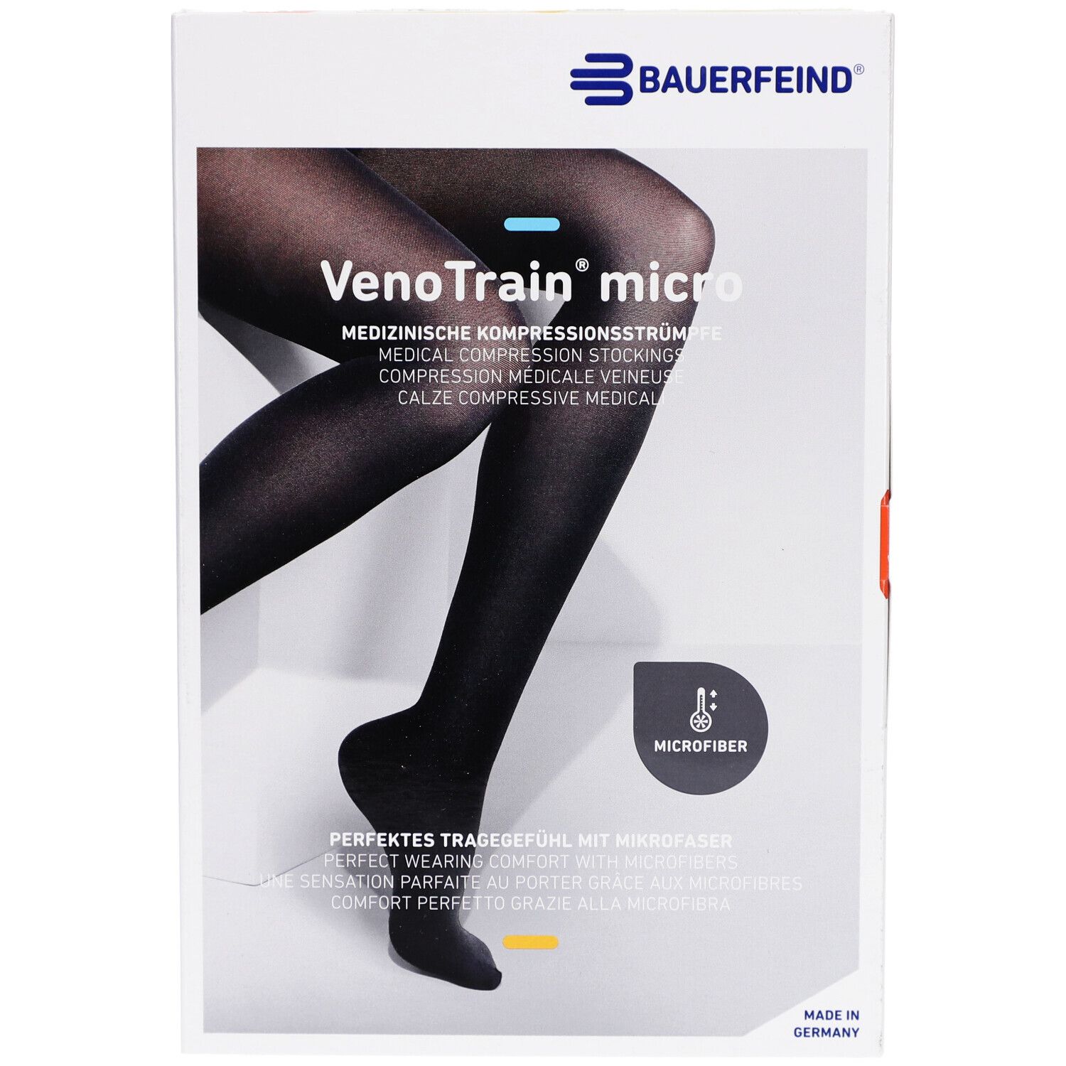 Verpackung mit Kompressionsstrümpfen. Marke Bauerfeind, Modell VenoTrain micro. Schwarze Strümpfe auf der Verpackung abgebildet.