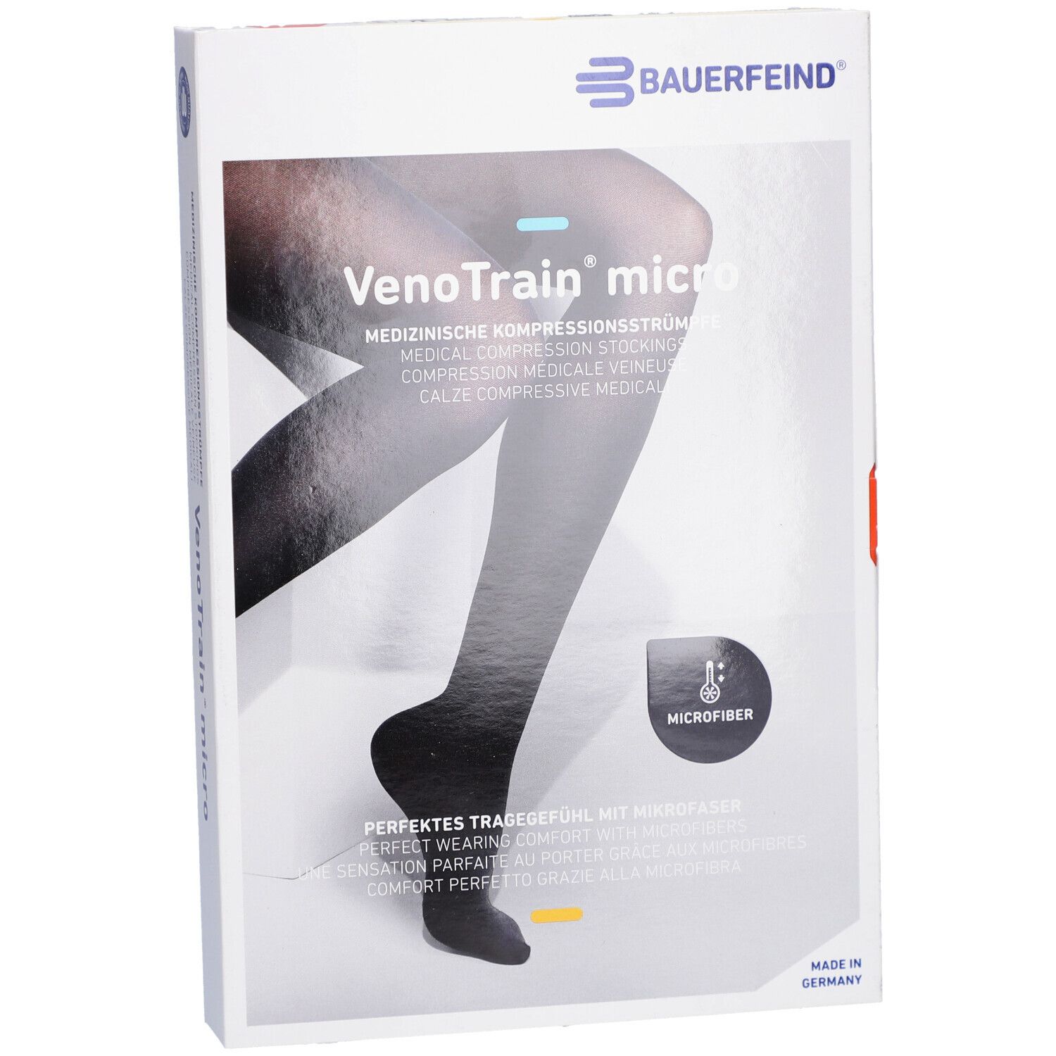 Verpackung mit Kompressionsstrümpfen. Marke Bauerfeind, Modell VenoTrain micro. Schwarze Strümpfe auf der Verpackung abgebildet.
