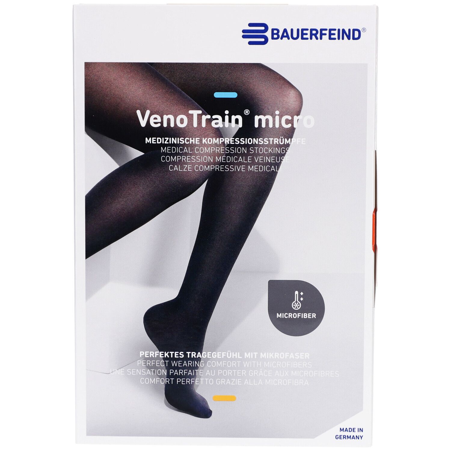 Verpackung mit Kompressionsstrümpfen. Schwarze Strümpfe abgebildet. Marke: Bauerfeind. Text: VenoTrain micro. Microfaser.