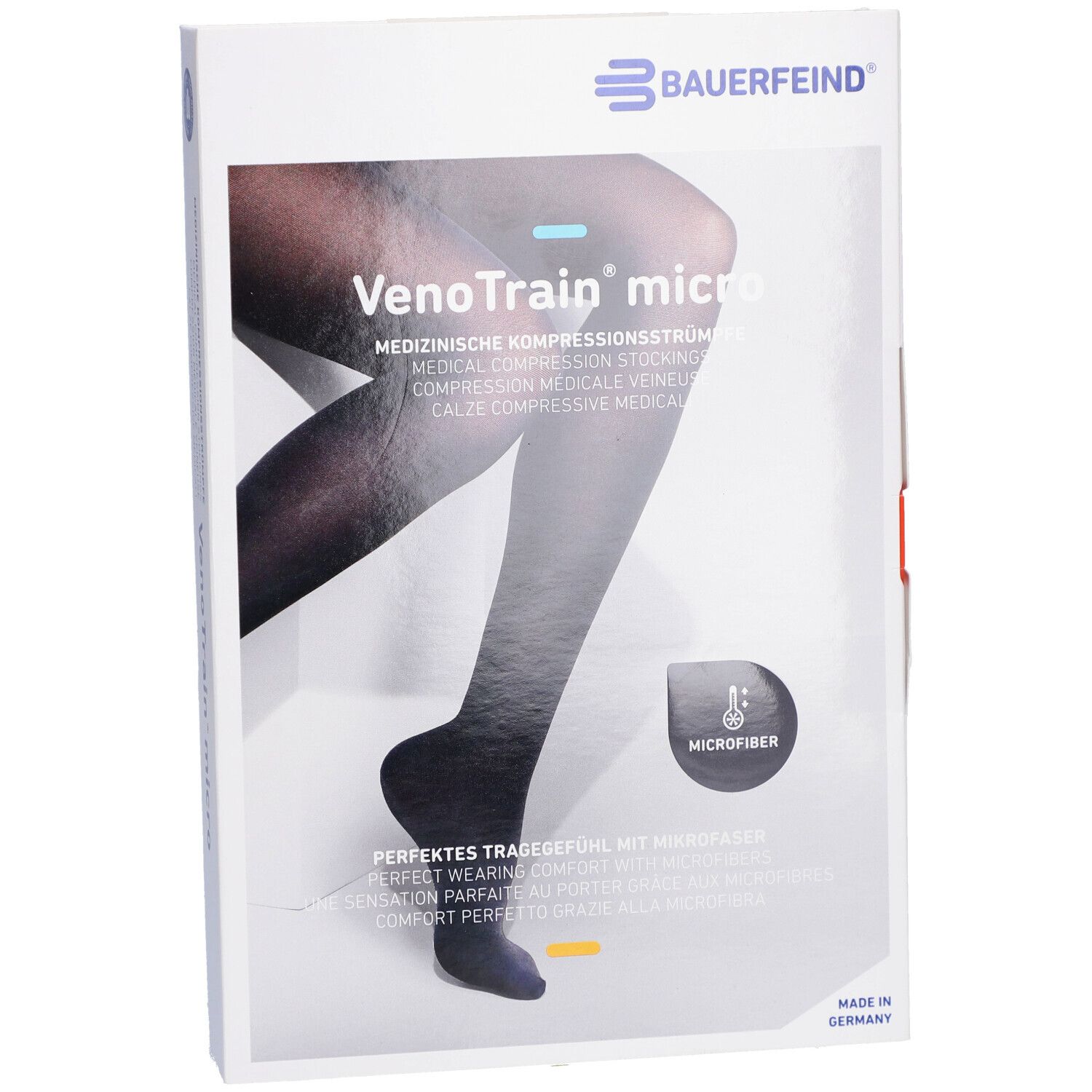 Verpackung mit Kompressionsstrümpfen. Schwarze Strümpfe abgebildet. Marke: Bauerfeind. Text: VenoTrain micro. Microfaser.