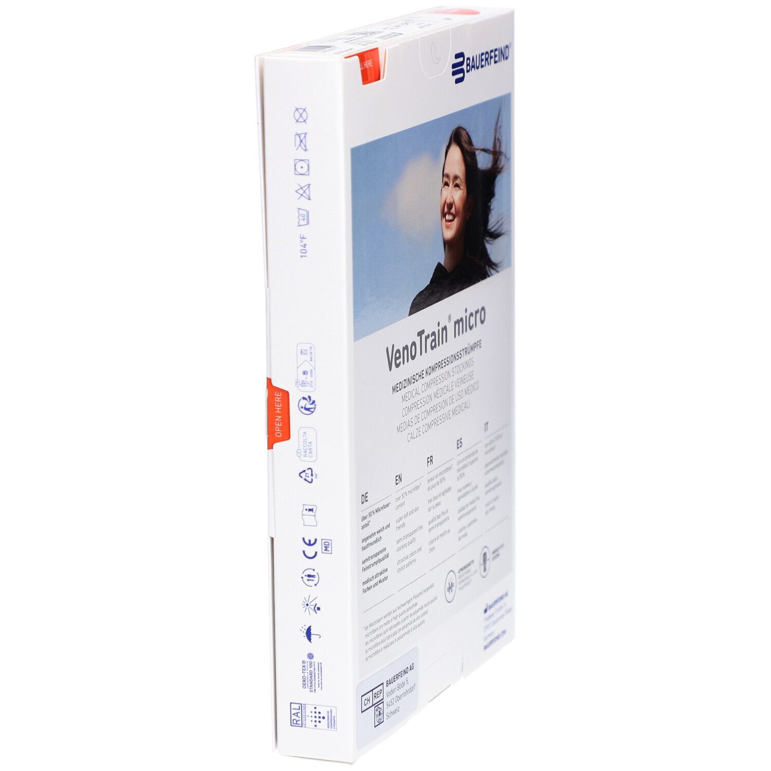 Verpackung mit Kompressionsstrümpfen. Rückseite mit Informationen. Marke: VenoTrain micro, Bauerfeind. Seitenansicht.