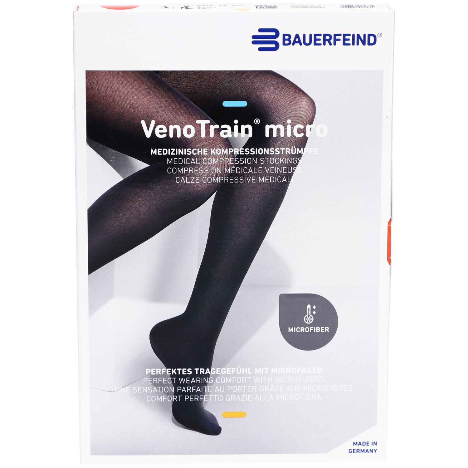 Verpackung mit Kompressionsstrümpfen. Schwarze Strümpfe sind abgebildet. Marke: VenoTrain micro, Bauerfeind. Mit Mikrofaser.