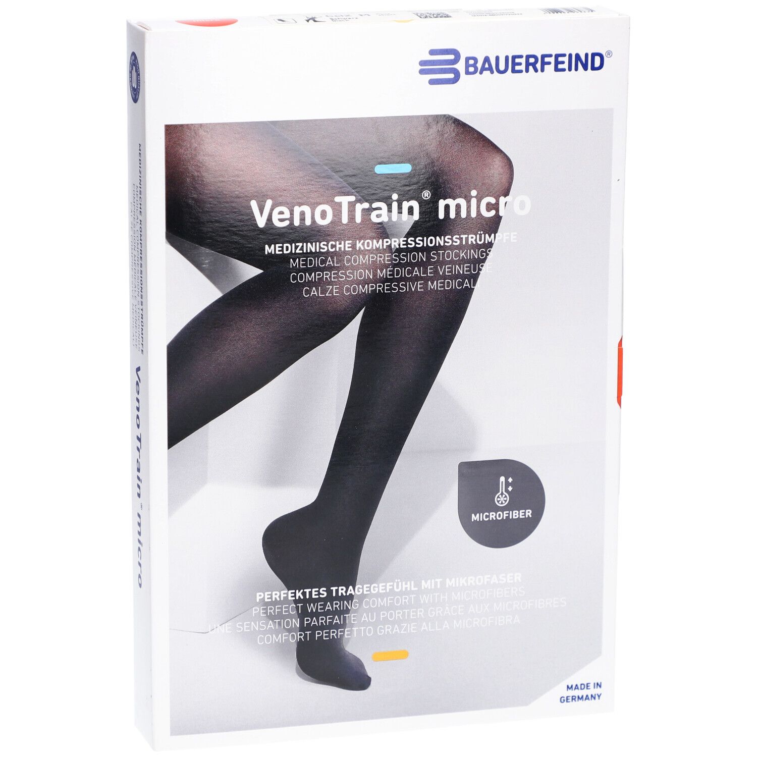 Verpackung mit Kompressionsstrümpfen. Schwarze Strümpfe sind abgebildet. Marke: VenoTrain micro, Bauerfeind. Mit Mikrofaser.