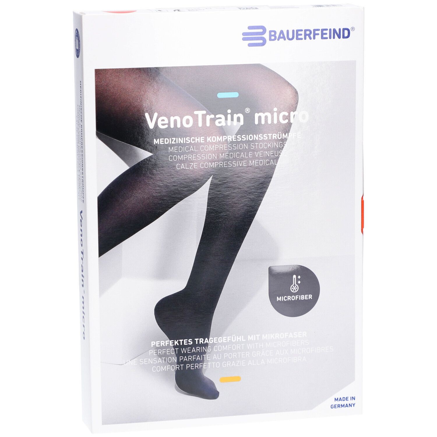 Bas de compression Bauerfeind VenoTrain micro en boîte. Bas noirs, pied ouvert, microfibres.