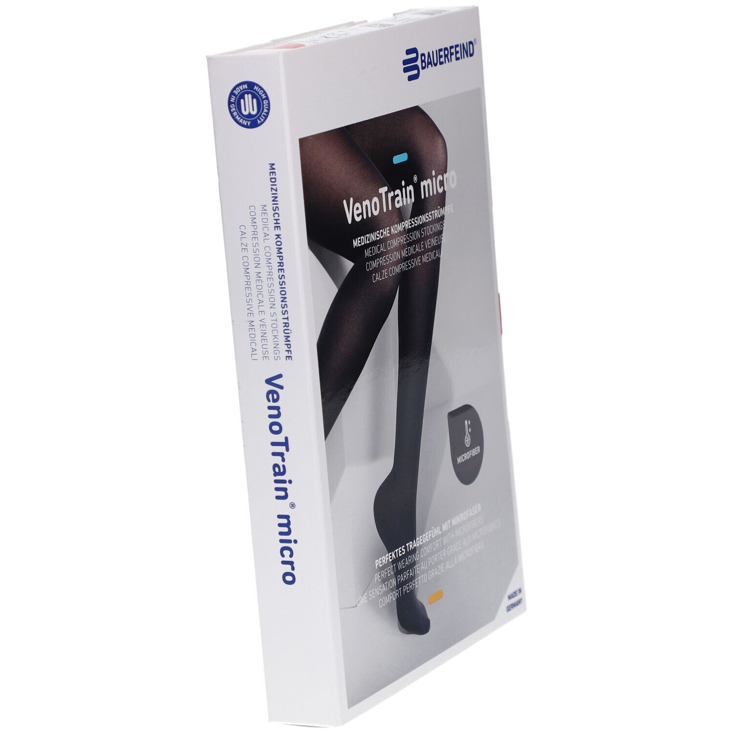 Boîte de bas de compression Bauerfeind VenoTrain micro. Bas noirs. Vue en perspective.