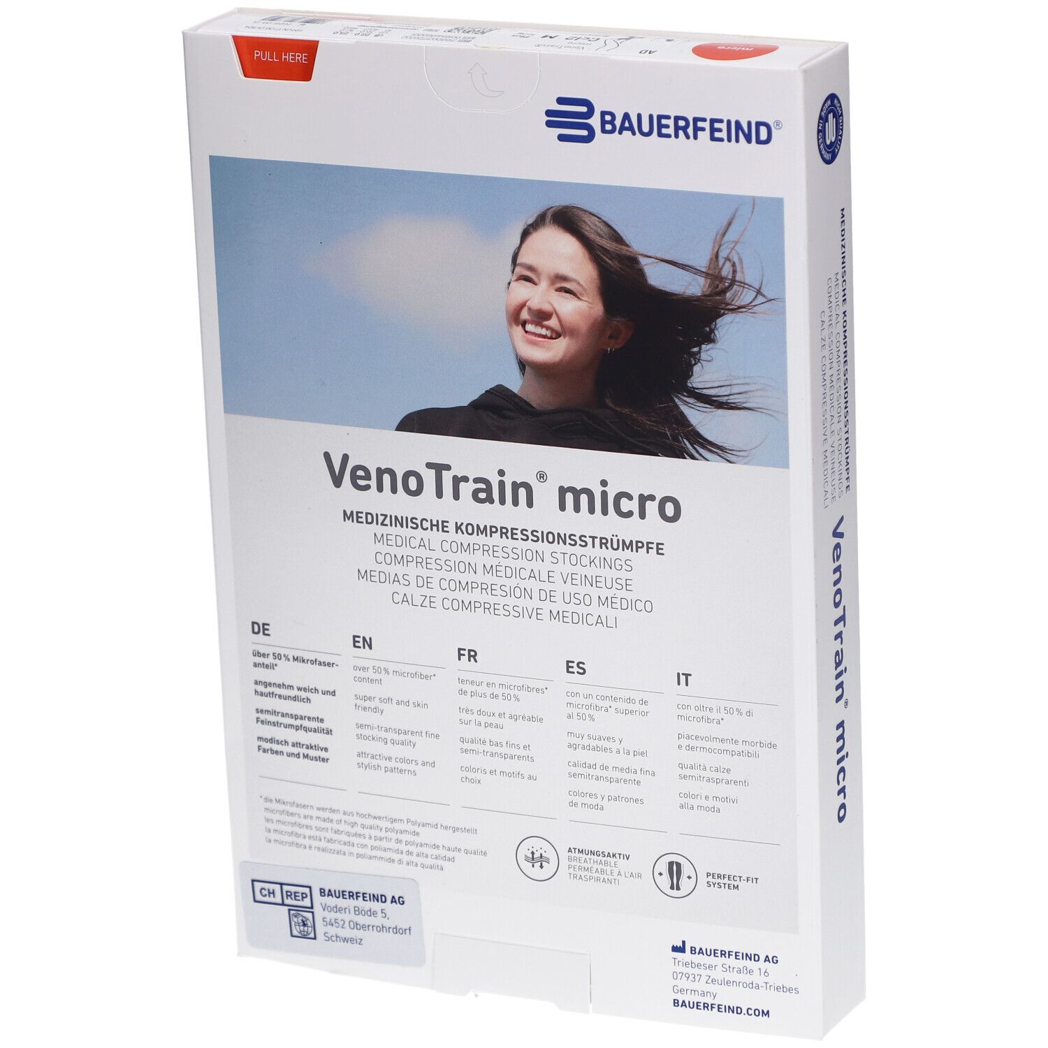 Dos de la boîte de bas de compression Bauerfeind VenoTrain micro. Texte multilingue.