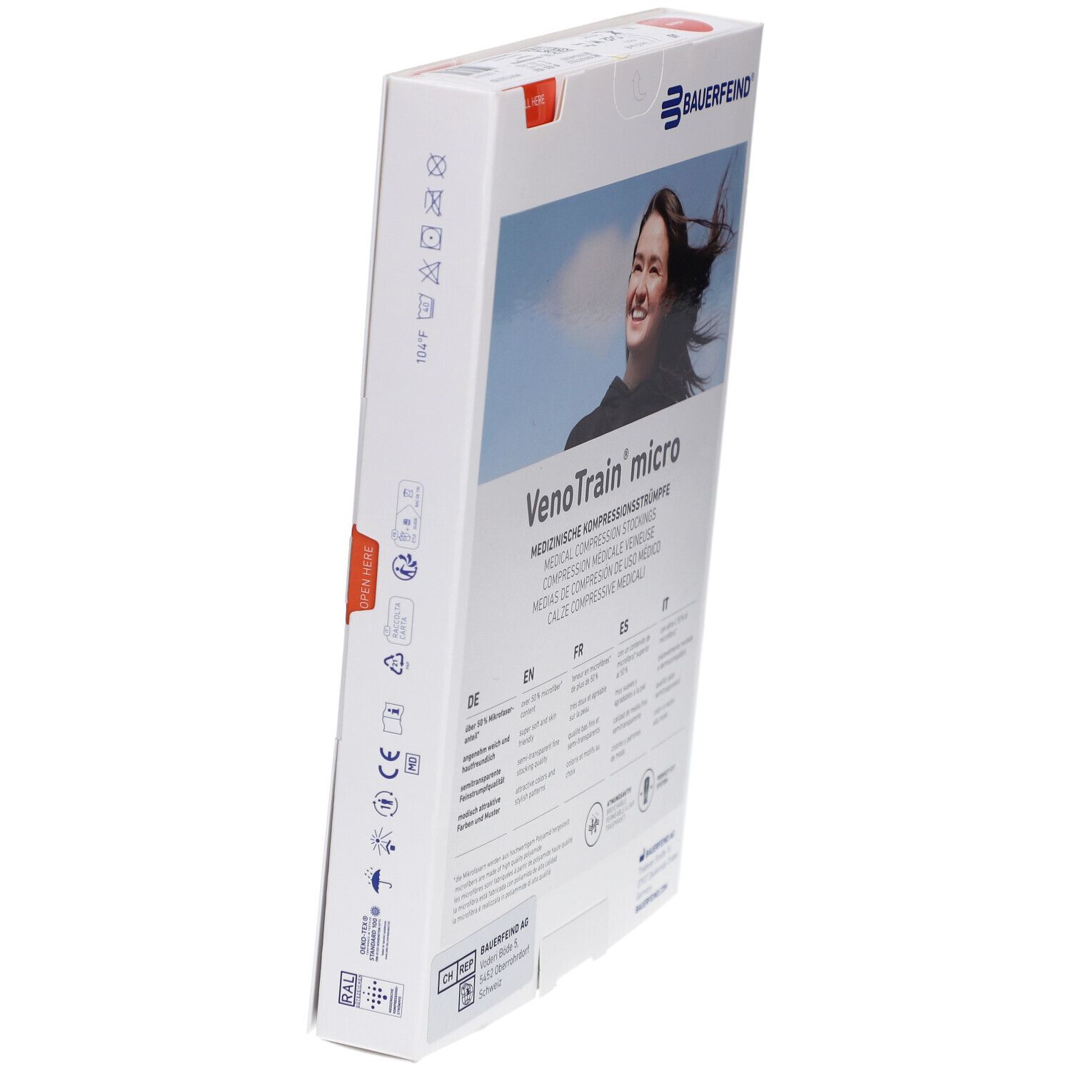 Côté de la boîte de bas de compression Bauerfeind VenoTrain micro. Pictogrammes et texte.