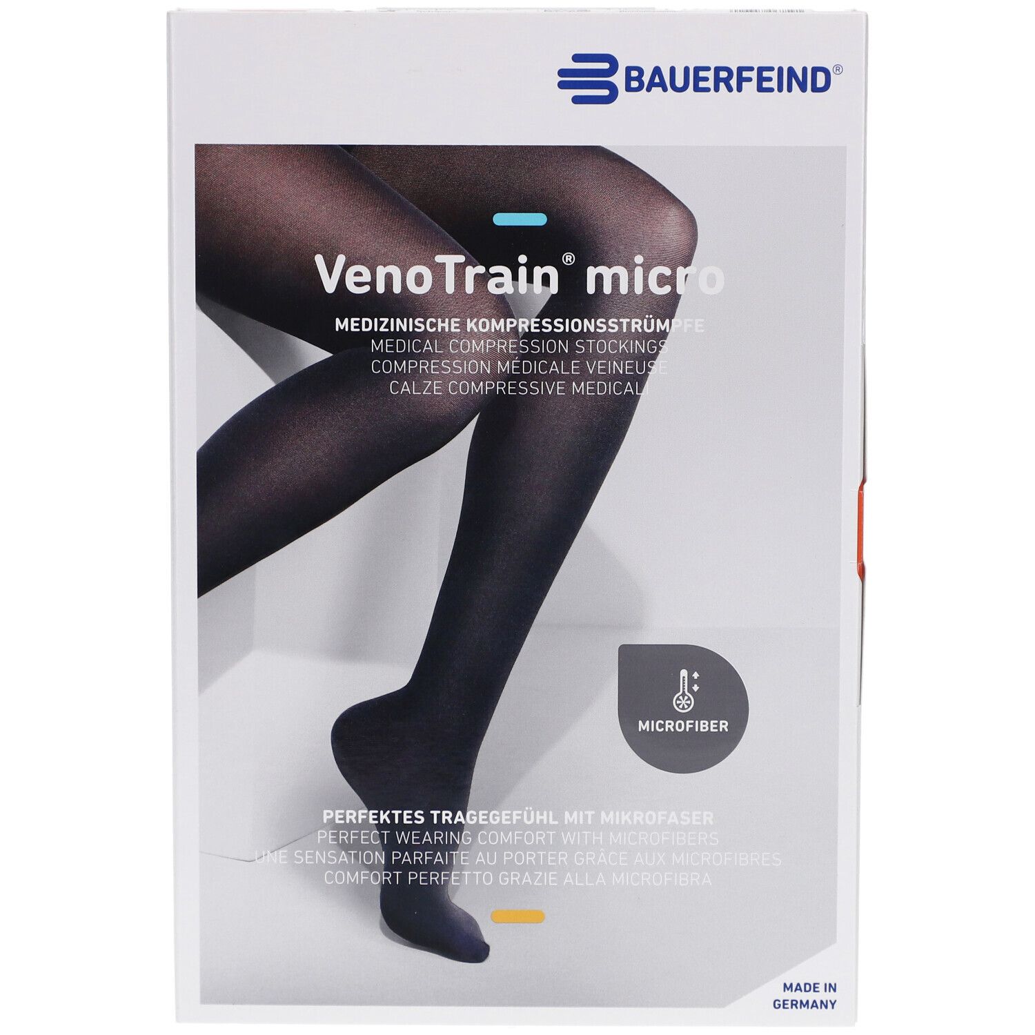 Boîte de bas de compression Bauerfeind VenoTrain micro. Bas noirs en microfibre.