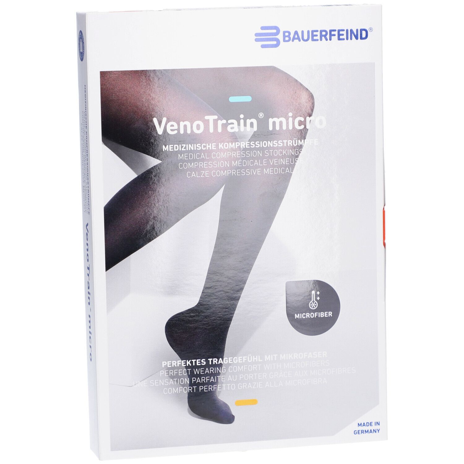 Boîte de bas de compression Bauerfeind VenoTrain micro. Bas noirs en microfibre.