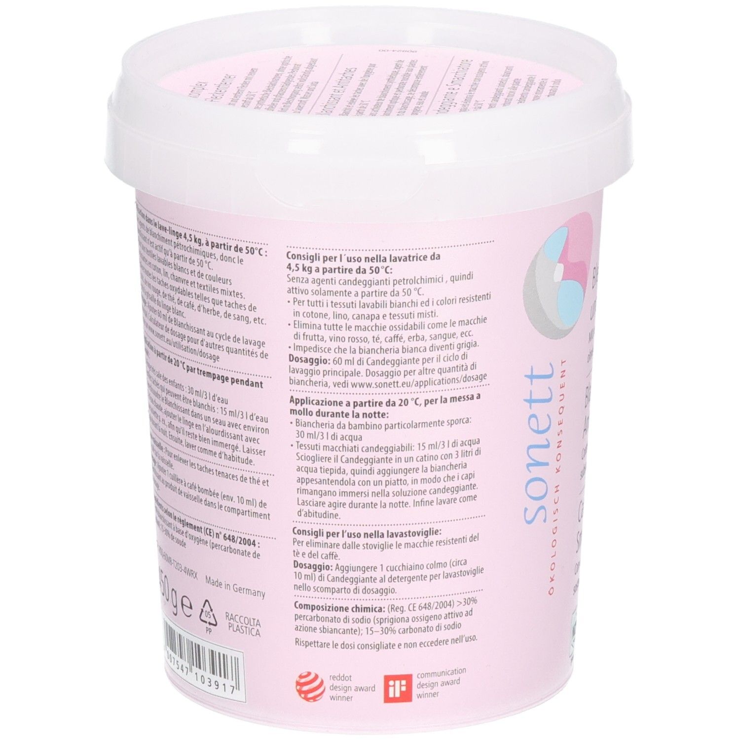 Runder Eimer, Rückseite. Rosa Etikett mit Text und Anweisungen. Marke: sonett. Siegel: iF Design Award, Red Dot Award.