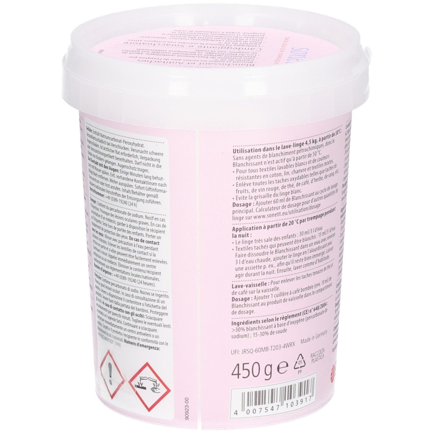 Runder Eimer, Rückseite. Rosa Etikett mit Text und Inhaltsangaben. Marke: sonett. Gewicht: 450 g. Gefahrensymbole.