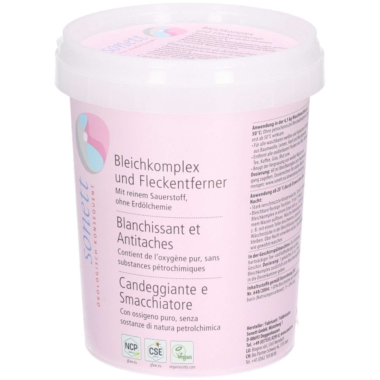 Runder Eimer mit Deckel. Rosa Etikett mit Text: Bleichkomplex und Fleckenentferner. Marke: sonett. Siegel: NCP, CSE, Vegan.