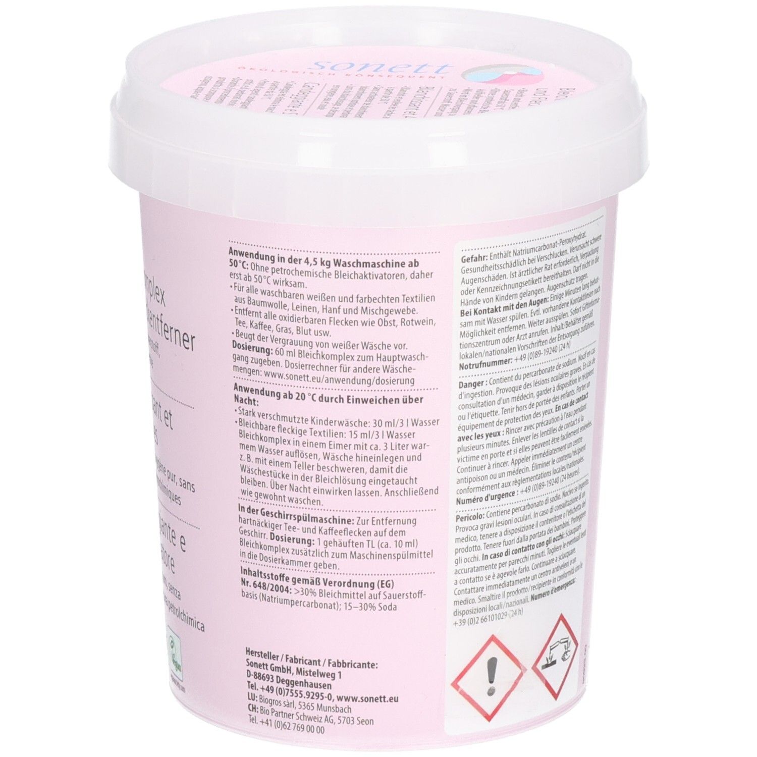 Runder Eimer, Rückseite. Rosa Etikett mit Text und Anweisungen. Marke: sonett. Gefahrensymbole.