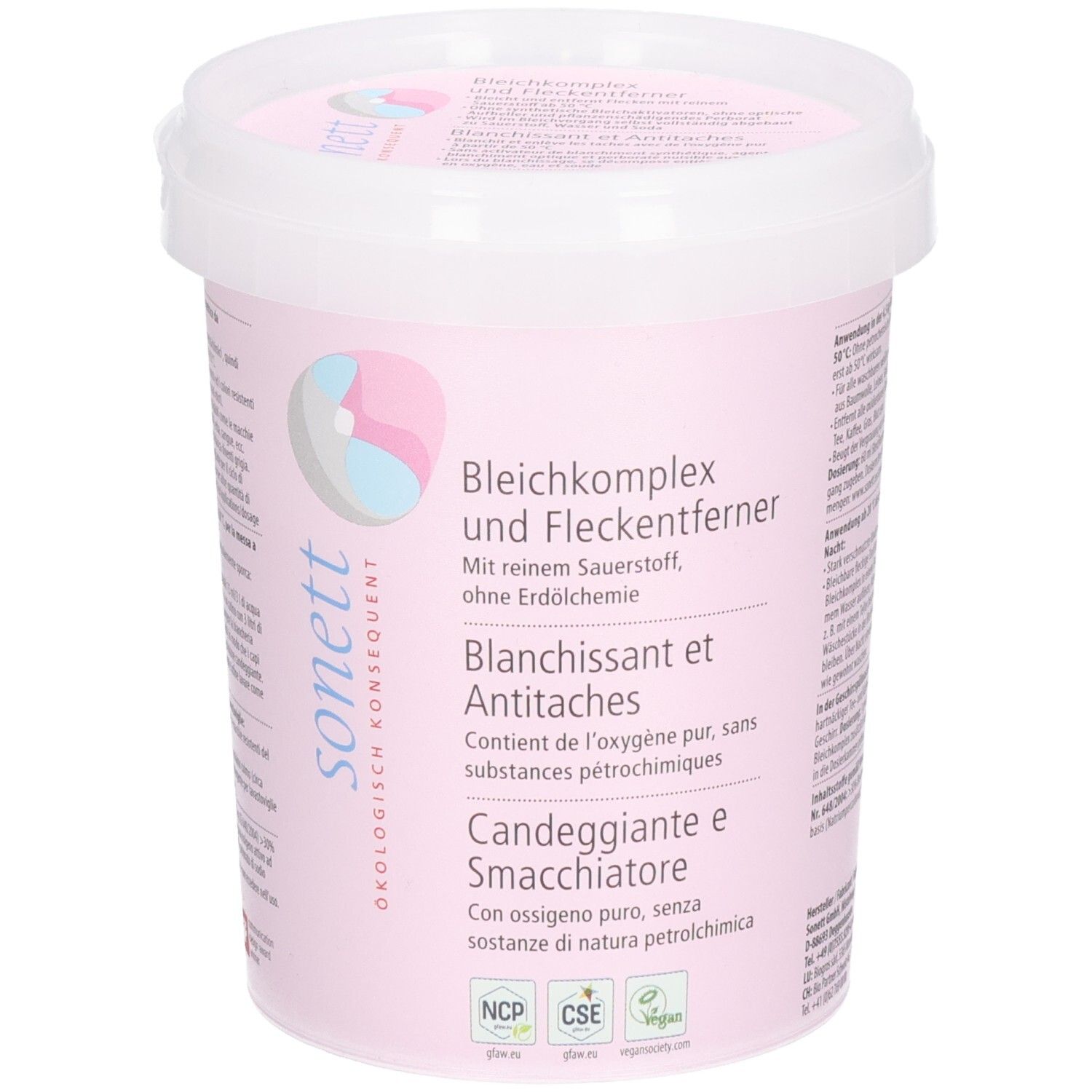 Runder Eimer mit Deckel. Rosa Etikett mit Text: Bleichkomplex und Fleckenentferner. Marke: sonett. Siegel: NCP, CSE, Vegan.