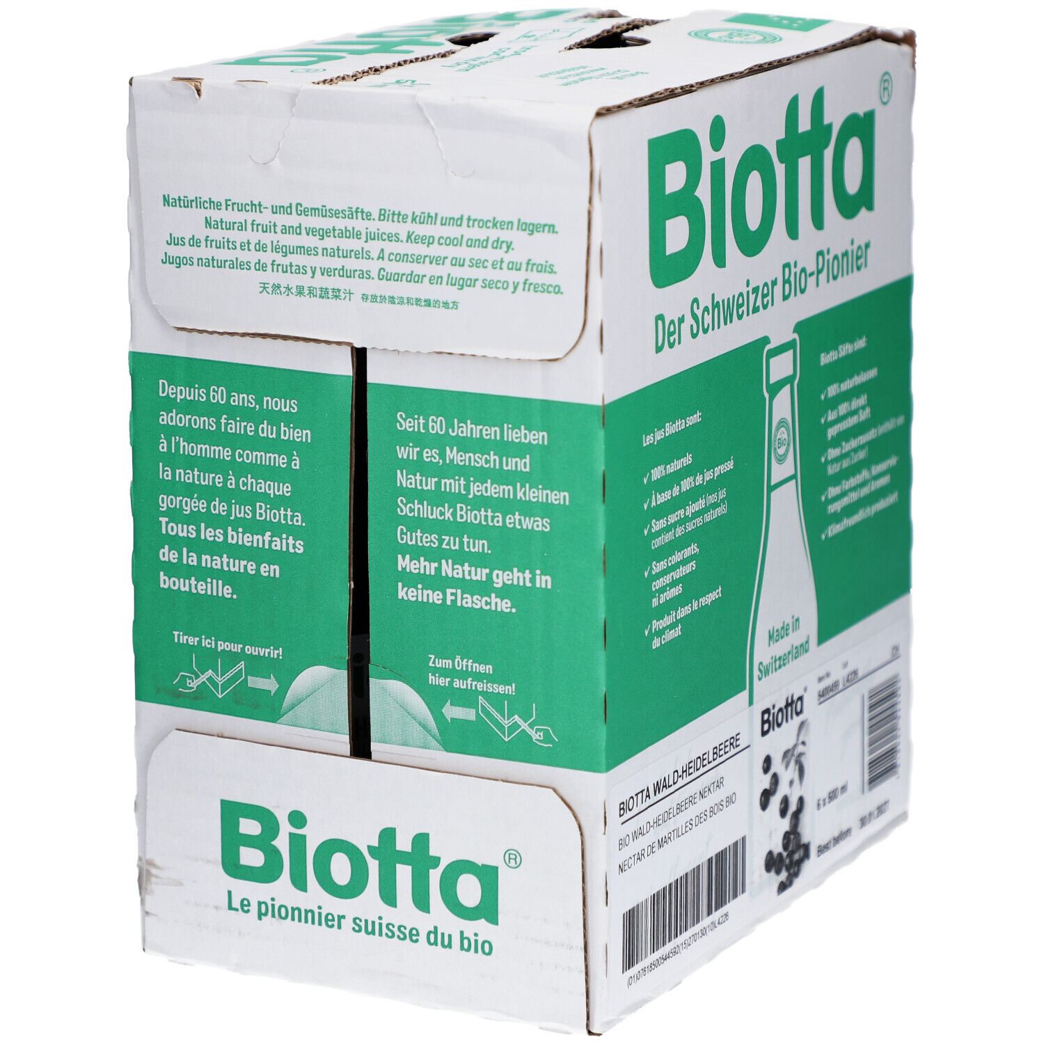 Karton mit BIOTTA Waldheidelbeere Bio. Grüne und weiße Verpackung. Text: Der Schweizer Bio-Pionier. Aufdruck mit Produktinformationen.