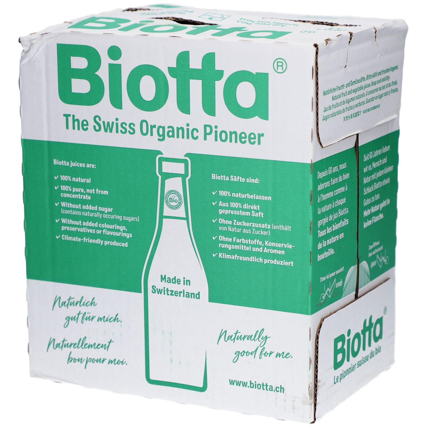 Karton mit BIOTTA Waldheidelbeere Bio. Grüne und weiße Verpackung. Text: The Swiss Organic Pioneer. Produktinformationen und Logo.