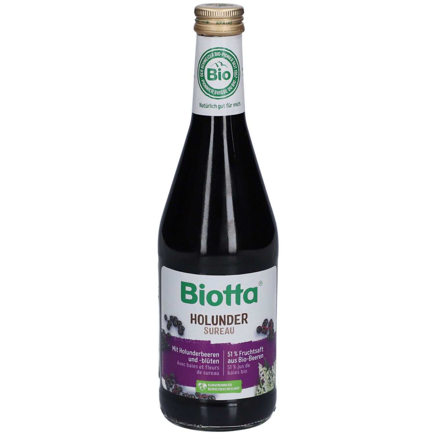 Bouteille en verre contenant un liquide sombre. Étiquette "Biotta Holunder Sureau", label bio et informations.