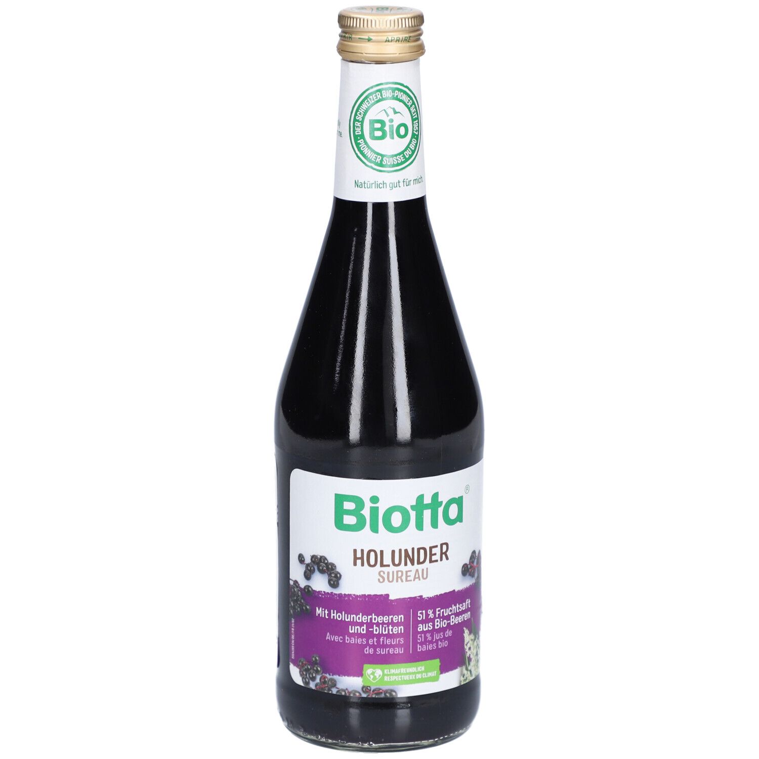 Bouteille en verre contenant un liquide sombre. Étiquette "Biotta Holunder Sureau", label bio et informations.