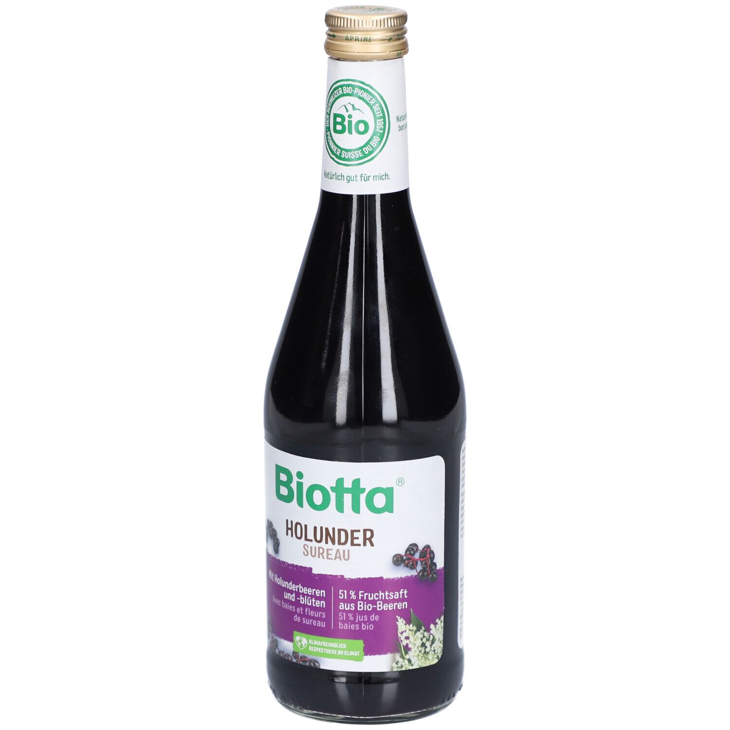 Bouteille en verre contenant un liquide sombre. Étiquette "Biotta Holunder Sureau", label bio et informations.