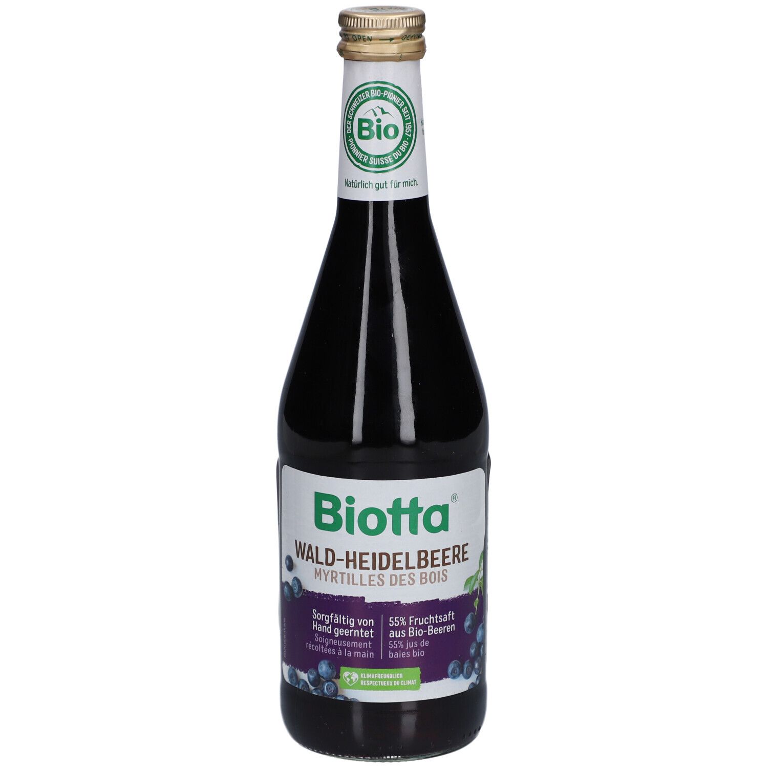 Glasflasche mit dunkelviolettem Saft. Etikett mit "Biotta Wald-Heidelbeere" und Bio-Siegel. Goldfarbener Verschluss.