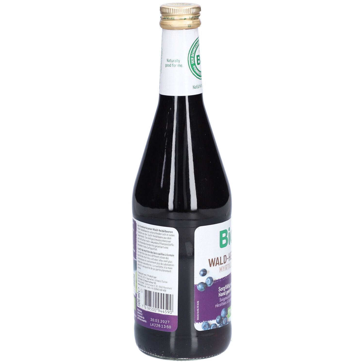 Rückseite der Glasflasche mit Etikett. Textinformationen, Zutatenliste, Mindesthaltbarkeitsdatum und Barcode.