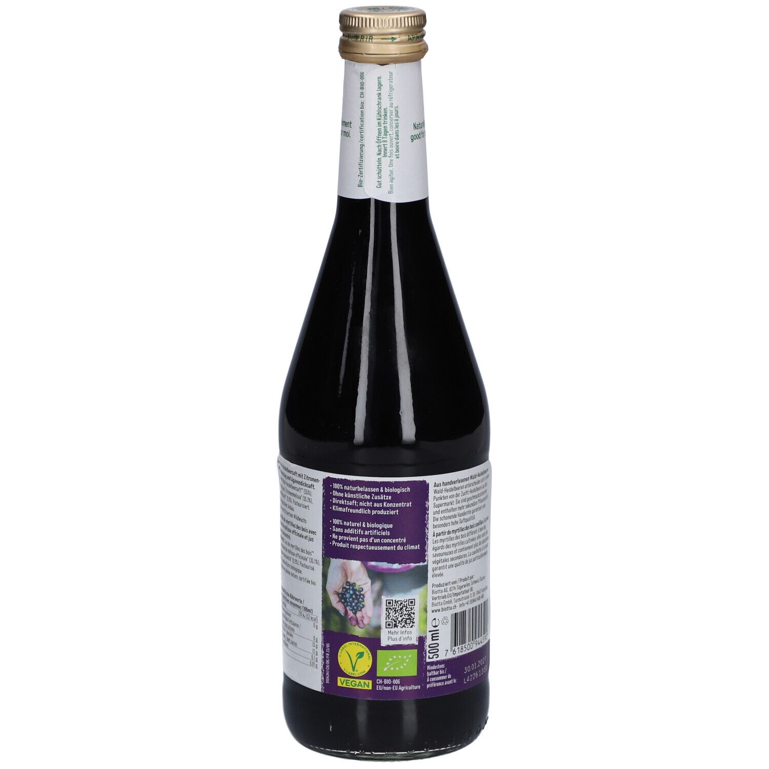 Rückansicht der Flasche. Etikett mit Text, Bio-Siegel und QR-Code. Enthält Informationen über Inhaltsstoffe und Zertifizierungen.