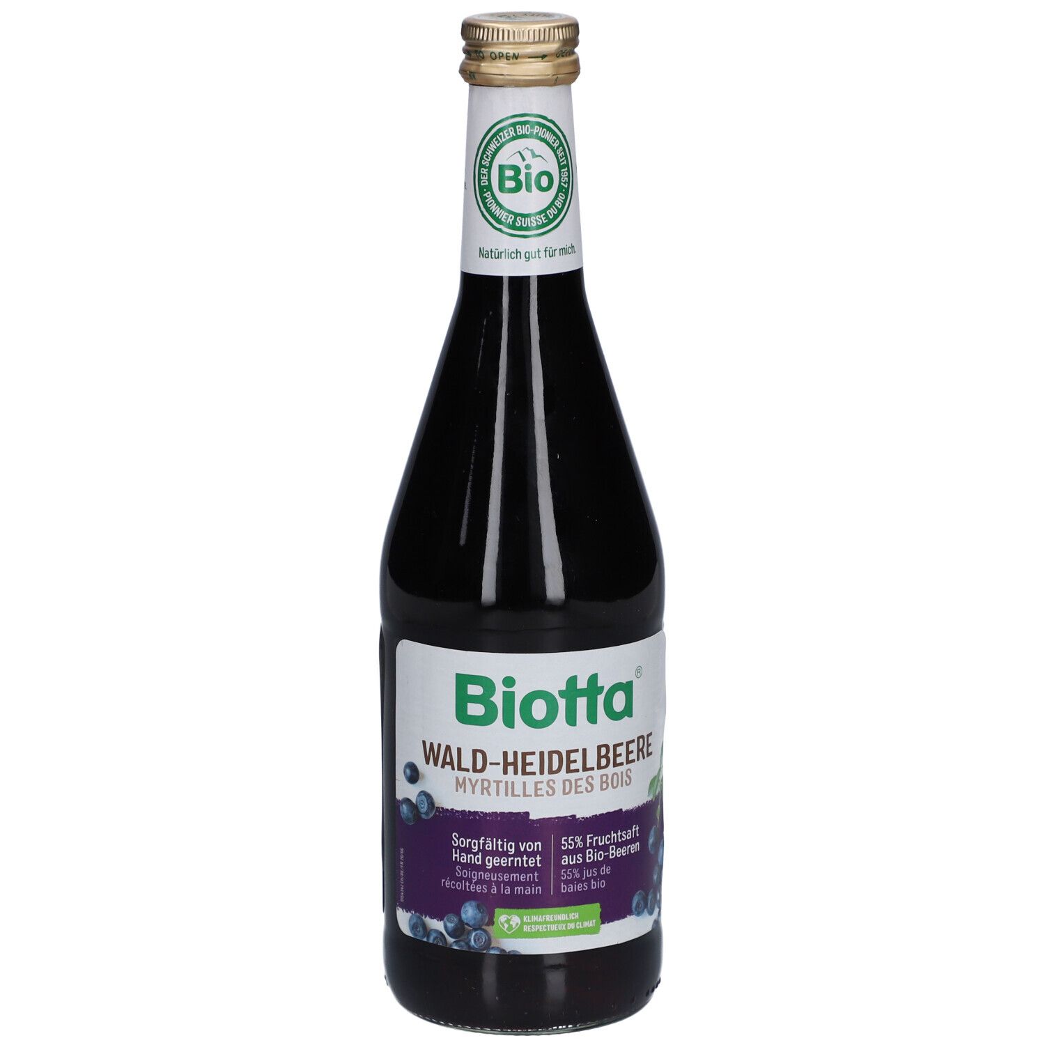 Glasflasche mit "Biotta Wald-Heidelbeere" Etikett. Bio-Siegel und goldfarbener Verschluss. Dunkelvioletter Saft sichtbar.