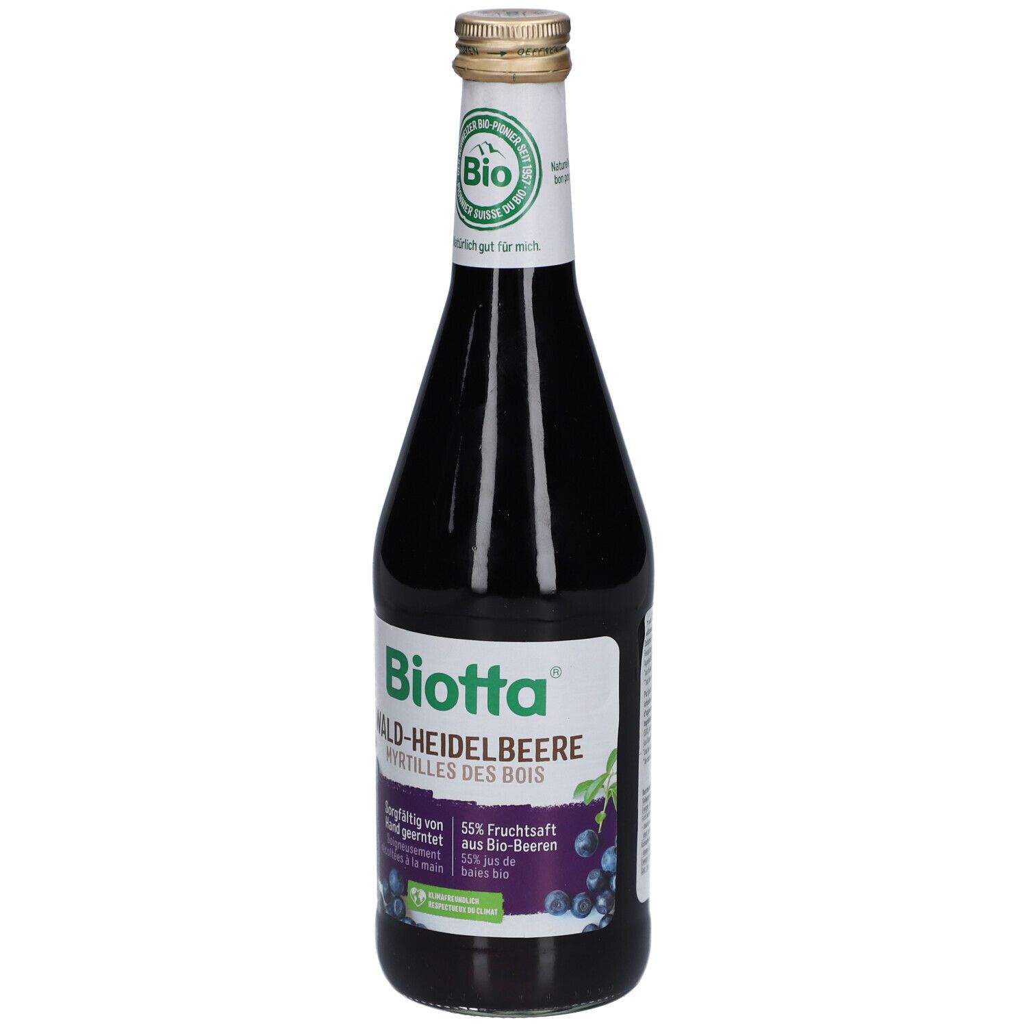 Glasflasche mit "Biotta Wald-Heidelbeere" Etikett. Bio-Siegel und goldfarbener Verschluss. Dunkelvioletter Saft sichtbar.