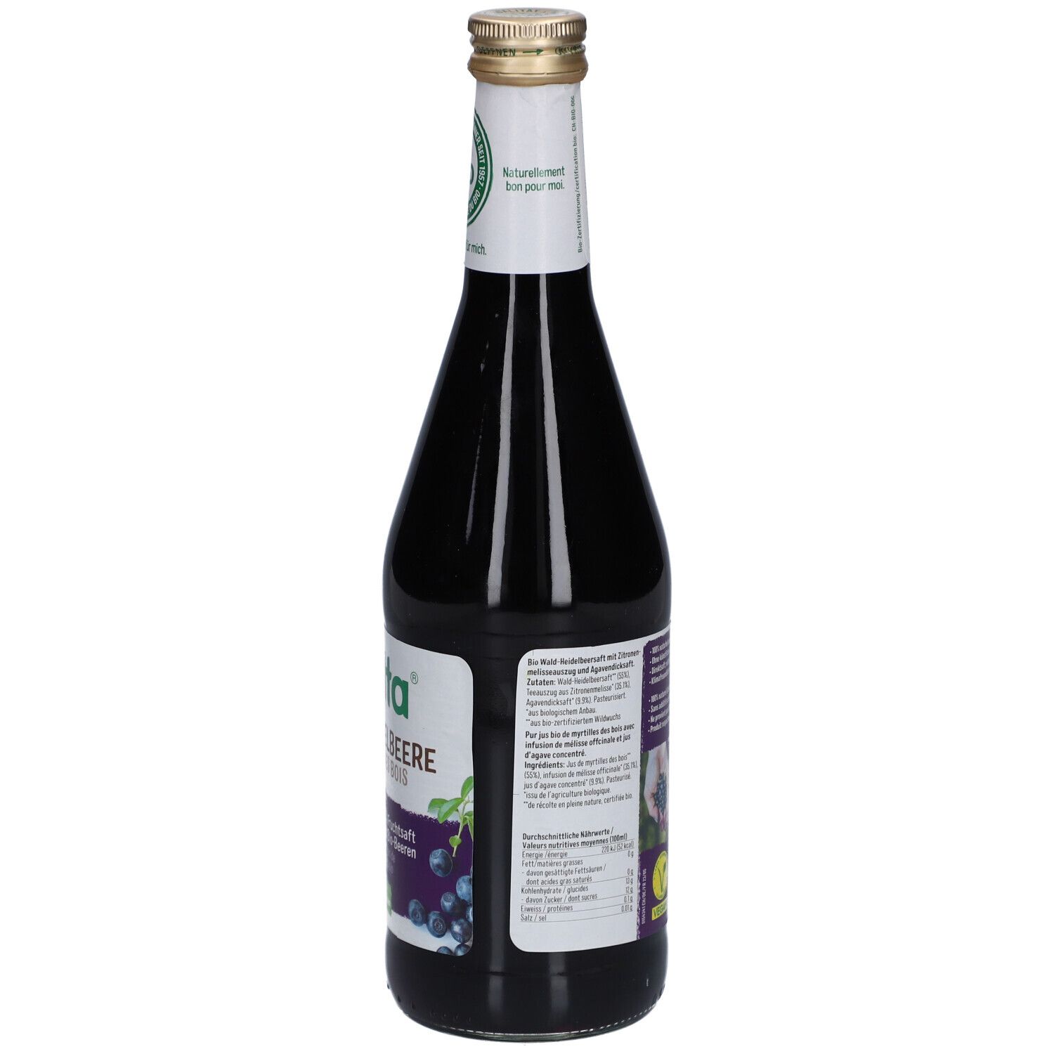 Rückseite der Flasche. Etikett mit Text, Bio-Siegel und QR-Code. Informationen zu Inhaltsstoffen und Zertifizierungen.