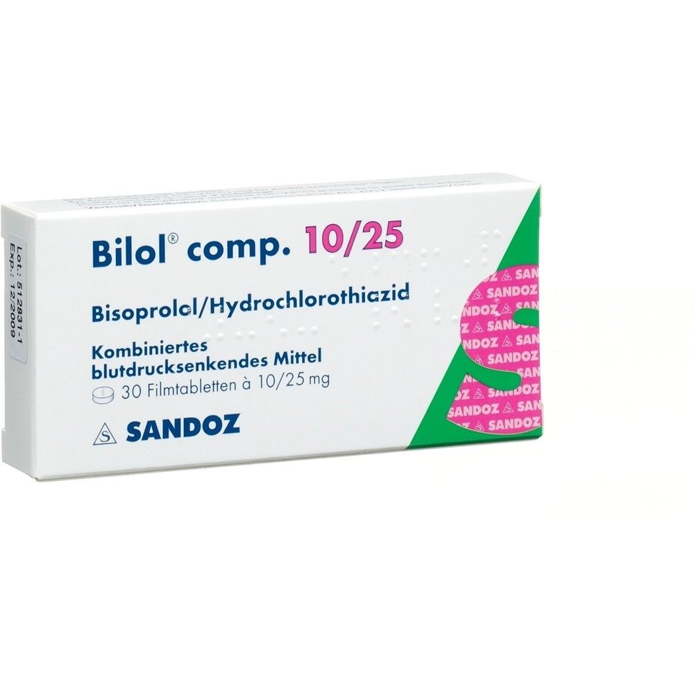 Boîte de comprimés avec nom et dosage. Couleurs : blanc, rose et vert. Inscription : BILOL comp Filmtabl 10/25 mg 30 Stk.
