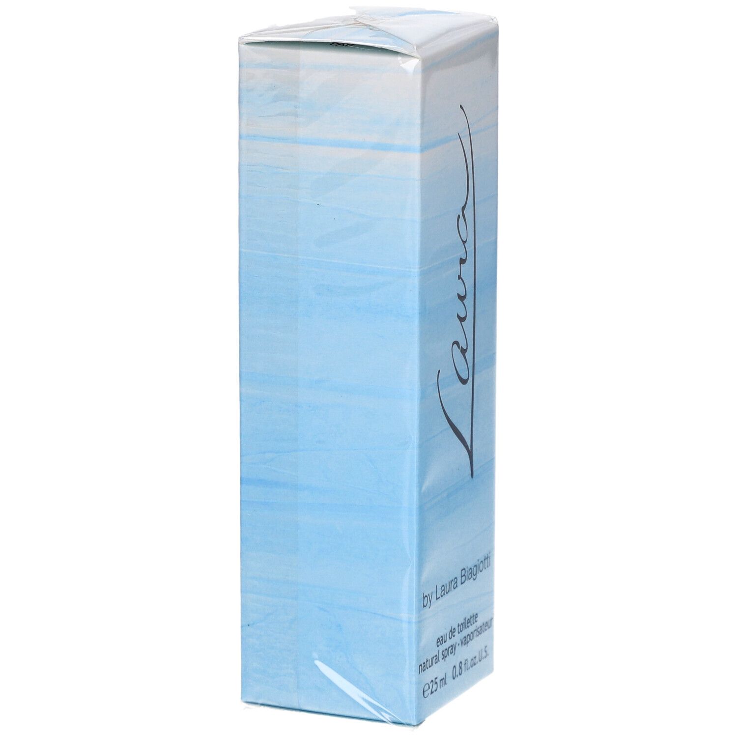 Schmale, hellblaue Schachtel mit "Laura"-Schriftzug. "Eau de Toilette" und "25 ml" sind sichtbar.