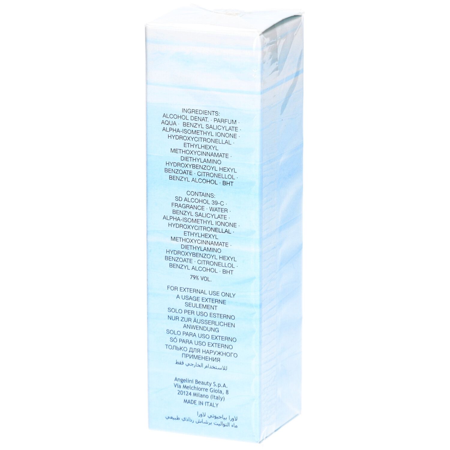 Rückseite der hellblauen Schachtel. Text mit Inhaltsstoffen und Herstellerangaben.