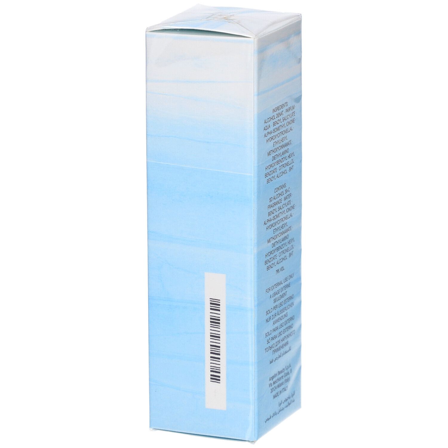Rückseite der hellblauen Schachtel mit Barcode und Text. Herstellerangaben.