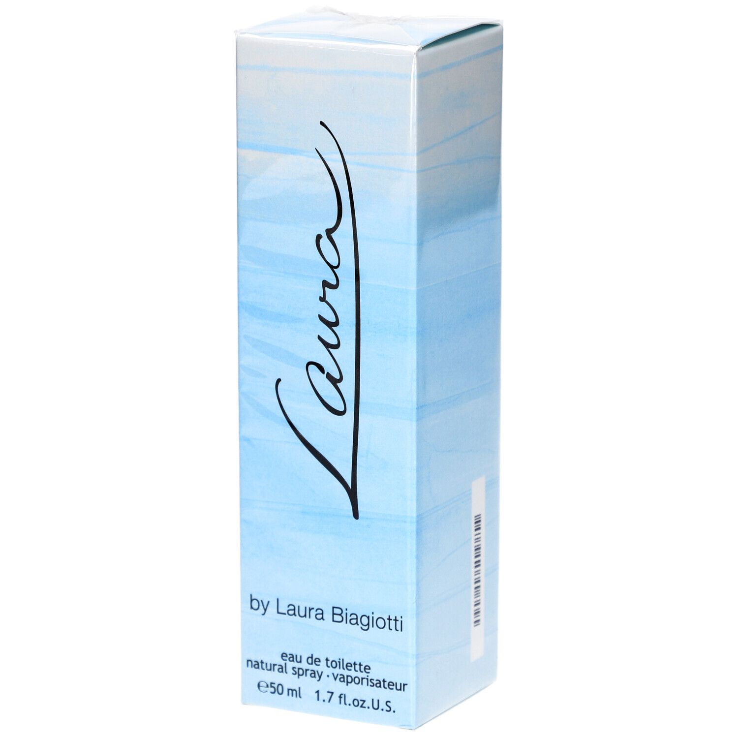 Boîte de Laura Eau de Toilette. Emballage bleu clair avec le mot 'Laura'.