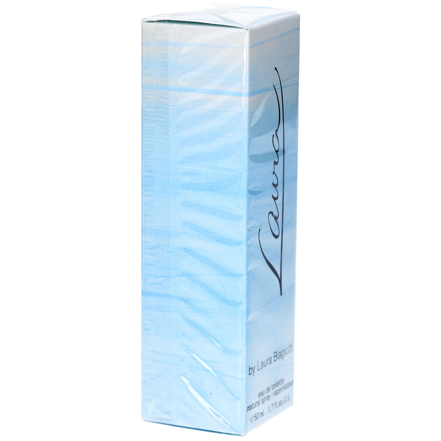 Boîte de Laura Eau de Toilette. Emballage bleu clair avec le mot 'Laura'.