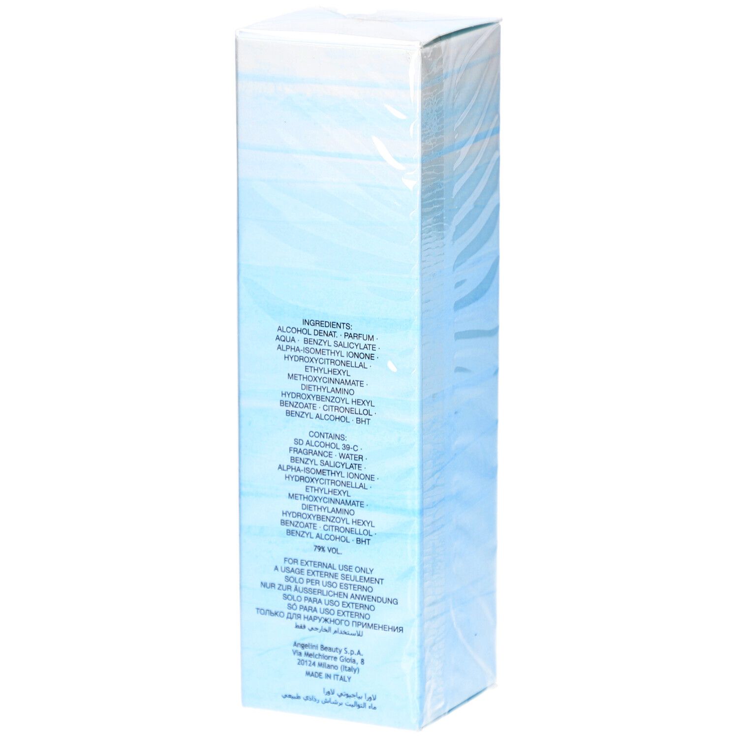 Boîte de Laura Eau de Toilette. Dos avec ingrédients et texte.