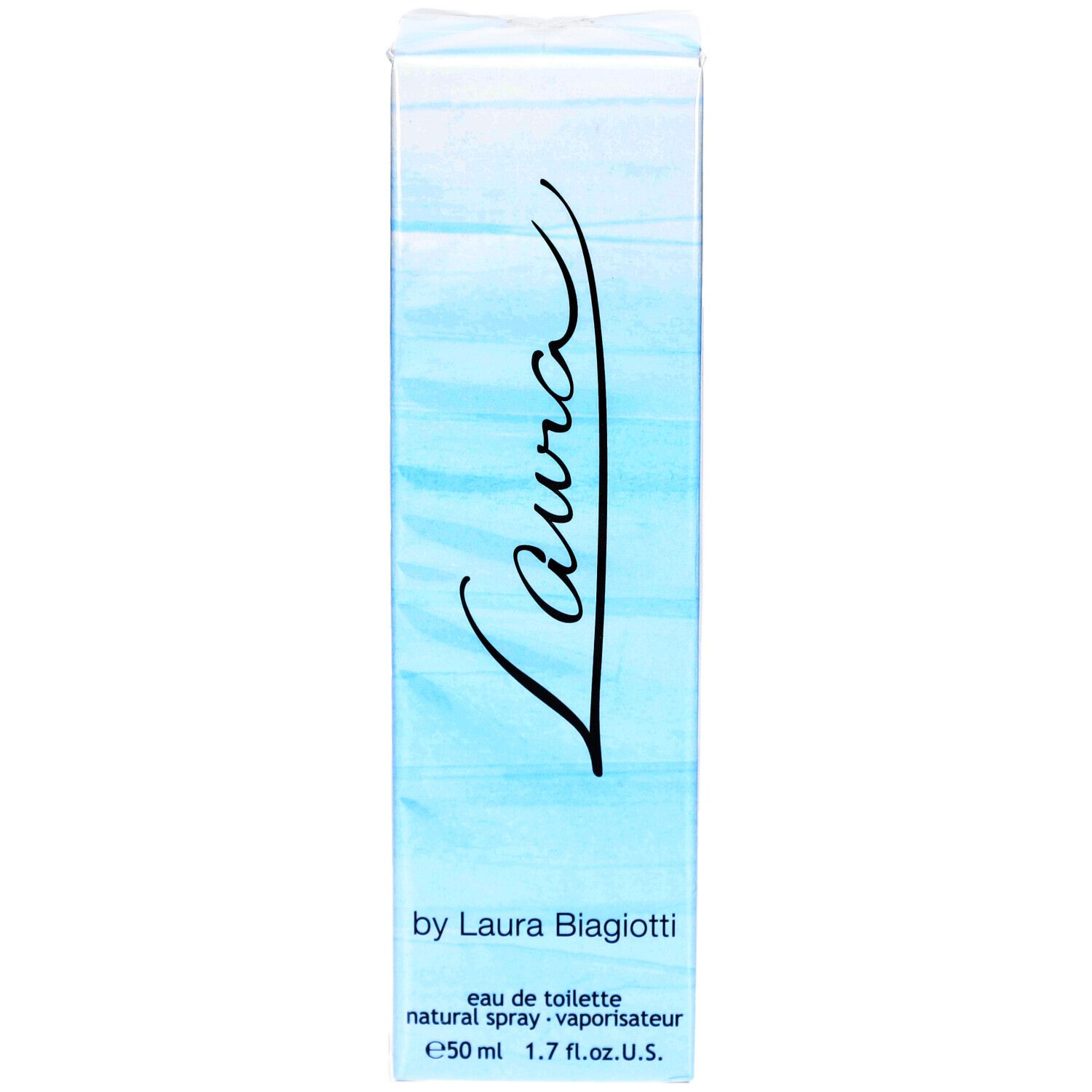 Boîte de Laura Eau de Toilette. Emballage bleu clair avec le mot 'Laura'.