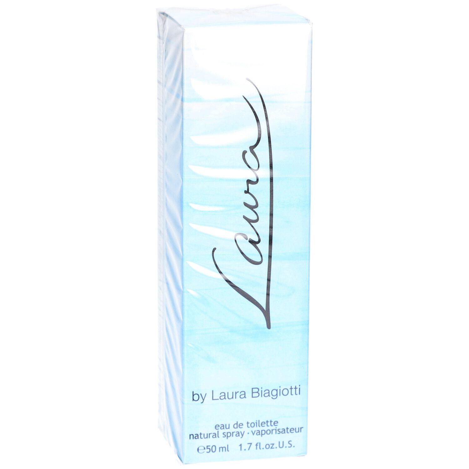 Boîte de Laura Eau de Toilette. Emballage bleu clair avec le mot 'Laura'.