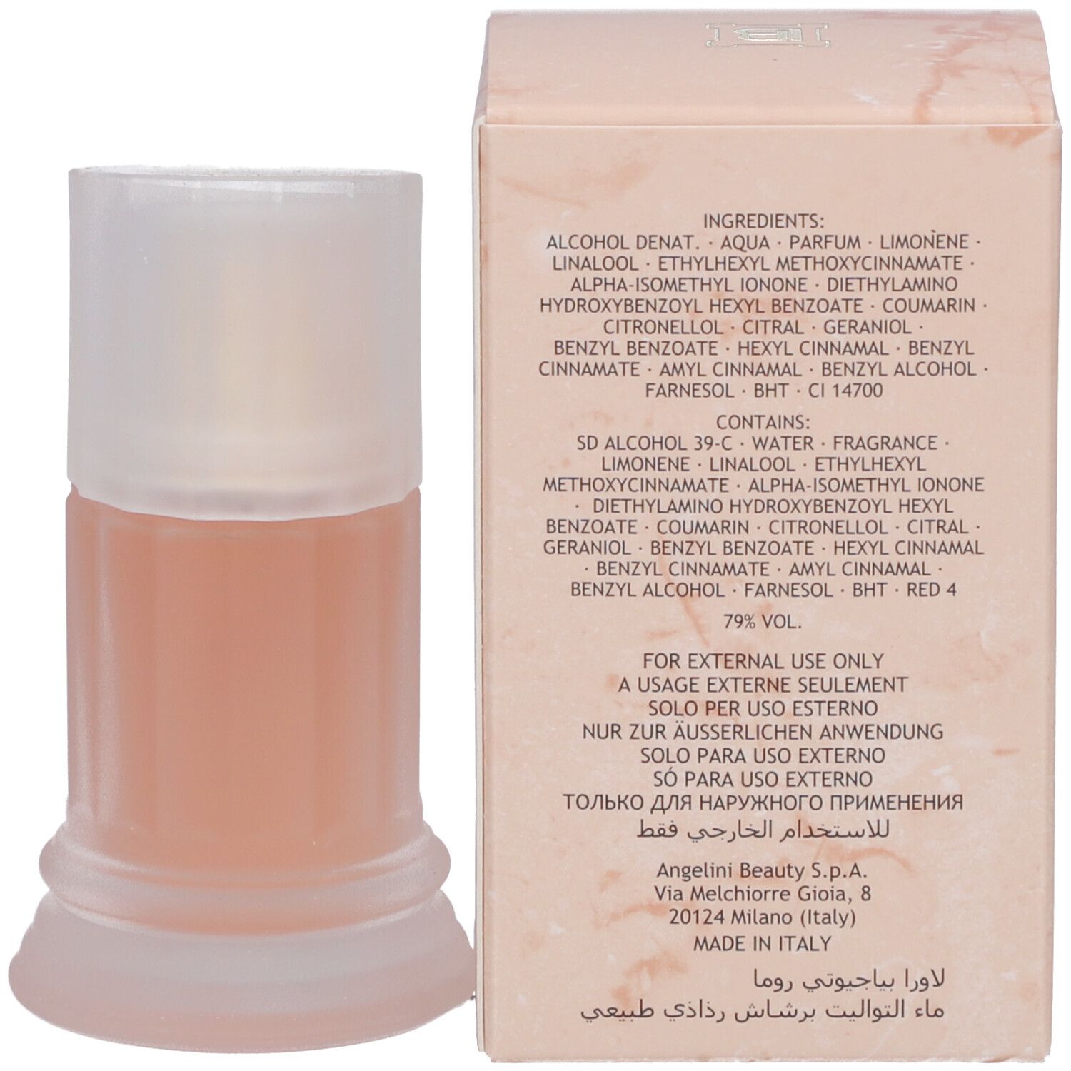 Parfümflasche und Schachtel mit Inhaltsstoffen und Informationen. Auf der Flasche steht „ROMA“.