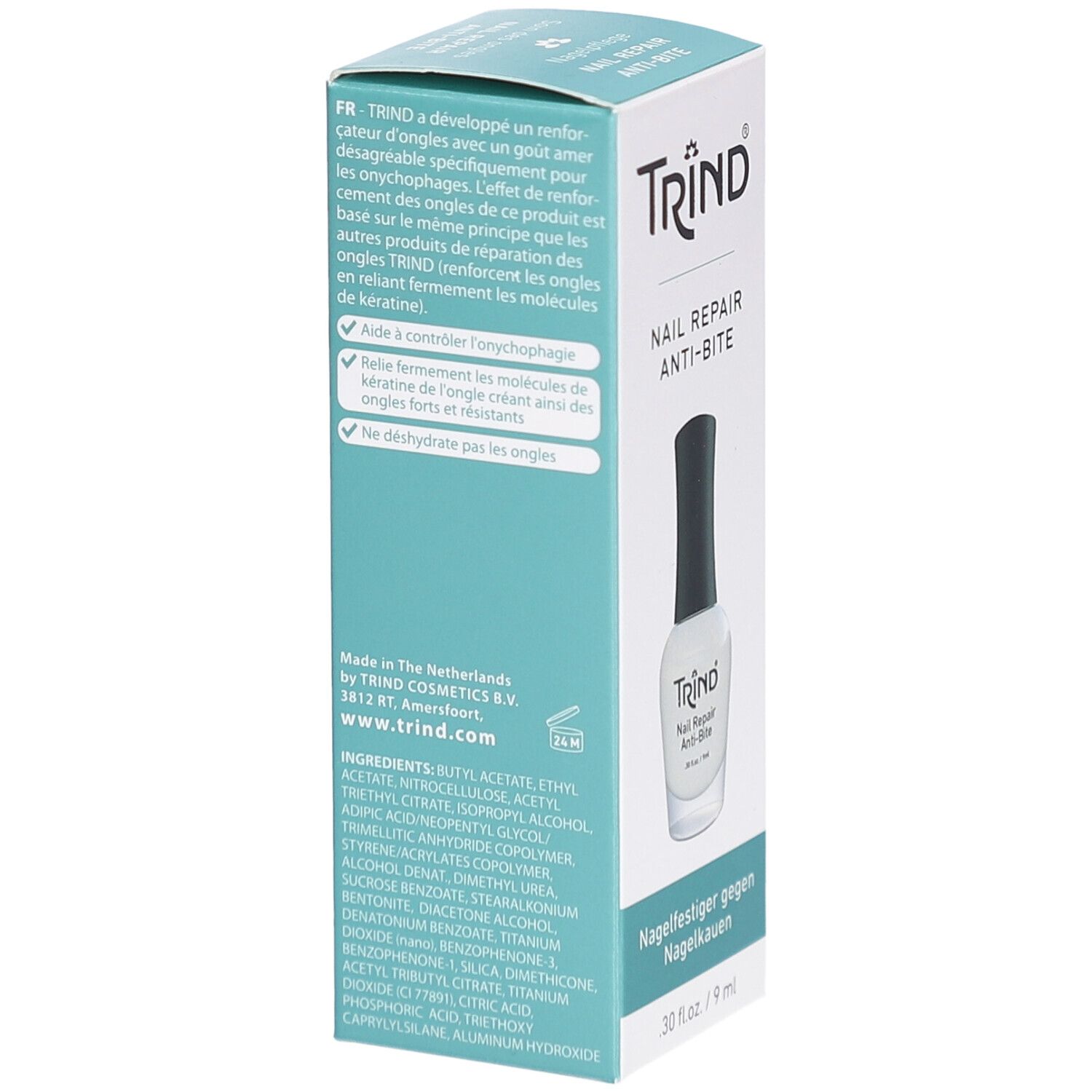Rückseite der Schachtel mit Inhaltsstoffen und Text in mehreren Sprachen. TRIND Nail Repair Anti-Bite. Flasche mit weißem Nagellack.