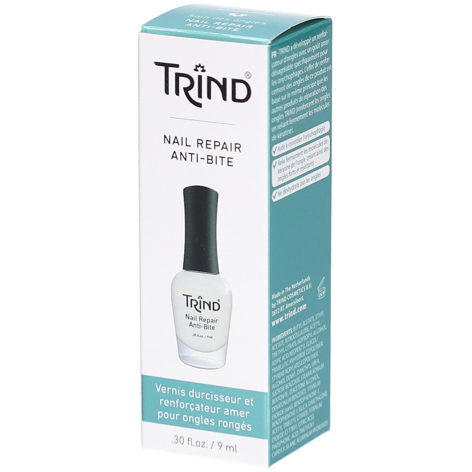 Schachtel mit TRIND Nail Repair Anti-Bite. Flasche mit weißem Nagellack und schwarzem Deckel. Text: Vernis durcisseur et renforçateur amer.