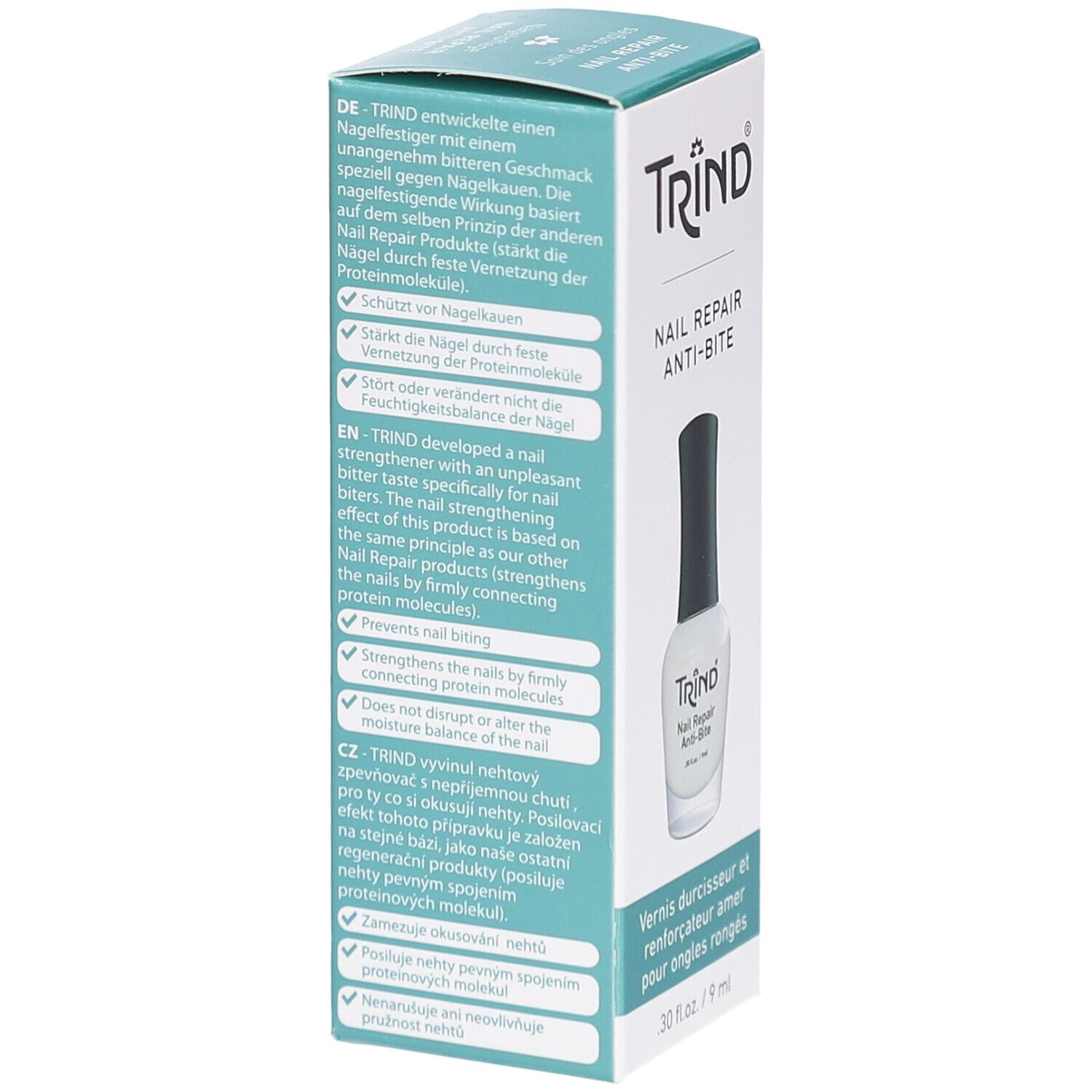 Schachtel mit TRIND Nail Repair Anti-Bite. Flasche mit weißem Nagellack und schwarzem Deckel. Text in mehreren Sprachen.