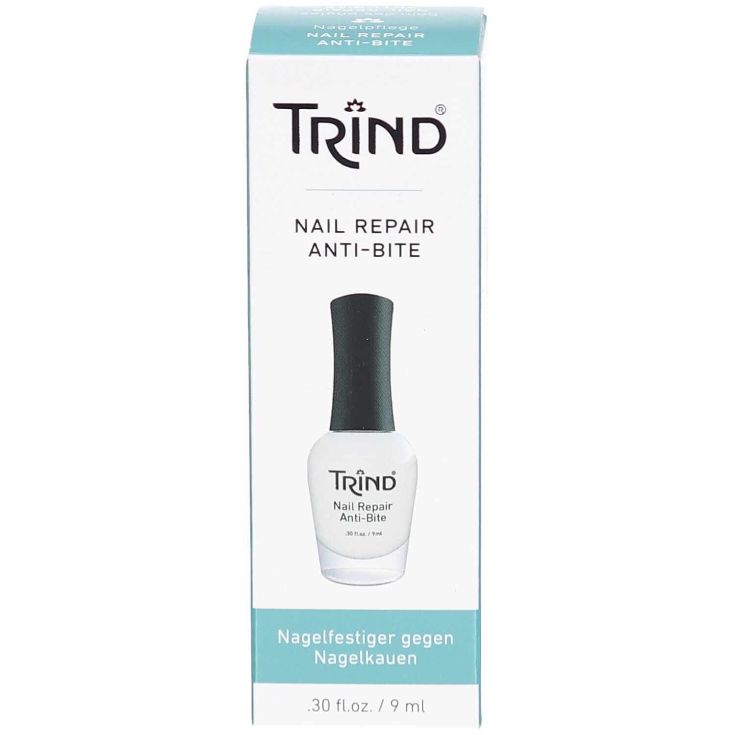 Schachtel mit TRIND Nail Repair Anti-Bite. Flasche mit weißem Nagellack und schwarzem Deckel. Text: Nagelfestiger gegen Nagelkauern.