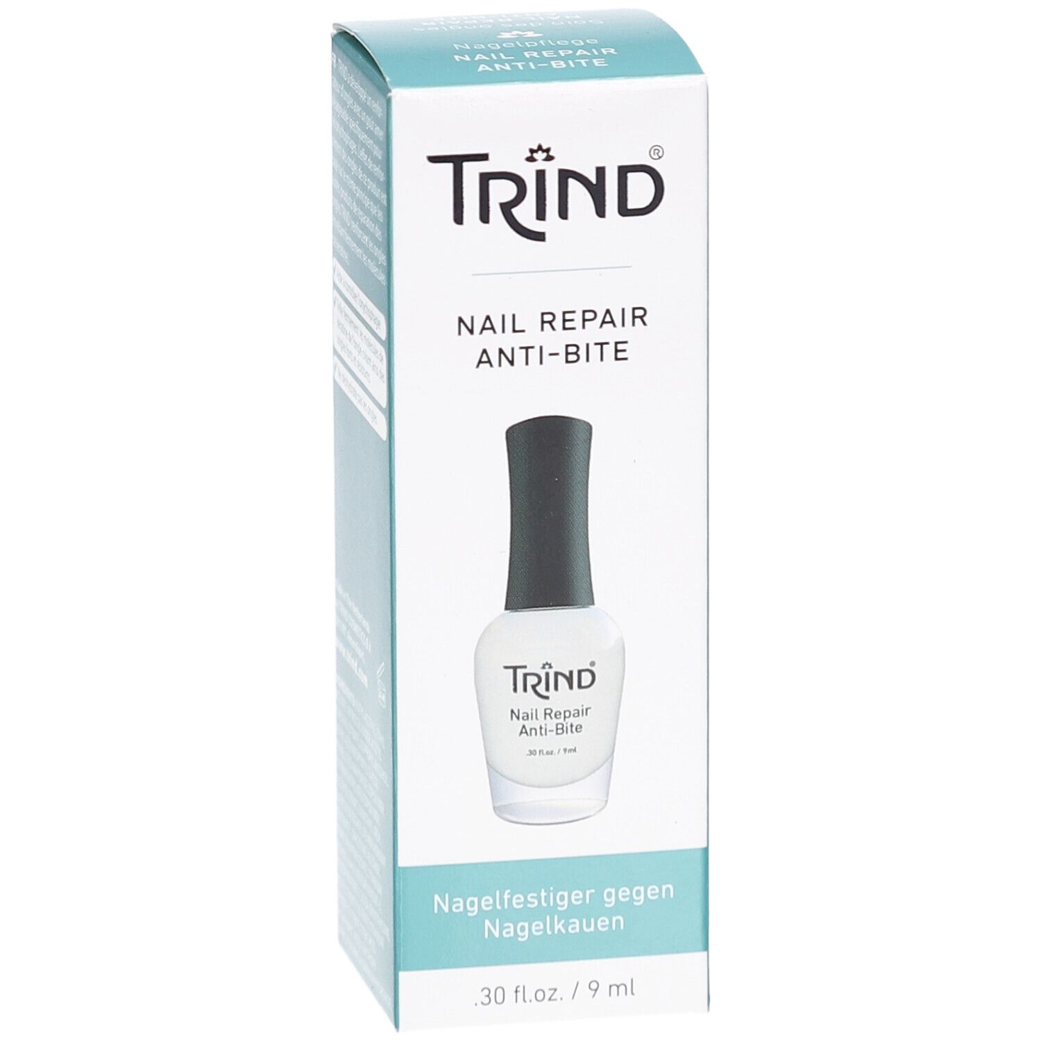 Schachtel mit TRIND Nail Repair Anti-Bite. Flasche mit weißem Nagellack und schwarzem Deckel. Text: Nagelfestiger gegen Nagelkauern.